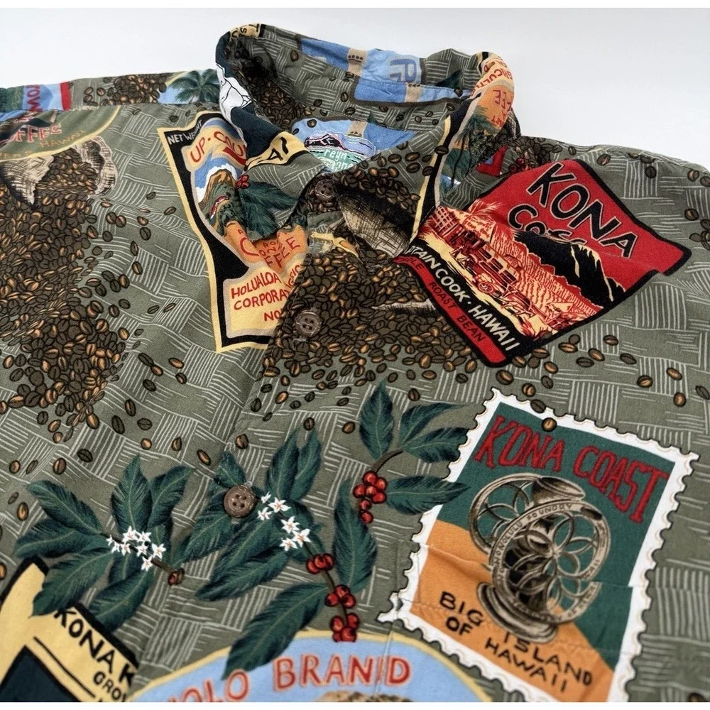 Reyn Spooner Polo Shirt Full Cut 2XL Kona Coffee Bean Postcard Hawaiian